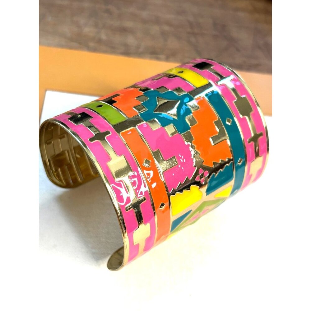 Colorful Geometric Wide Cuff Bracelet With Gold-Tone Interior & Enamel Overlay -